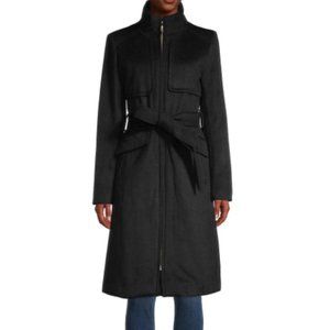NWT Karl Lagerfeld Paris Black Belted Wool-Blend Coat